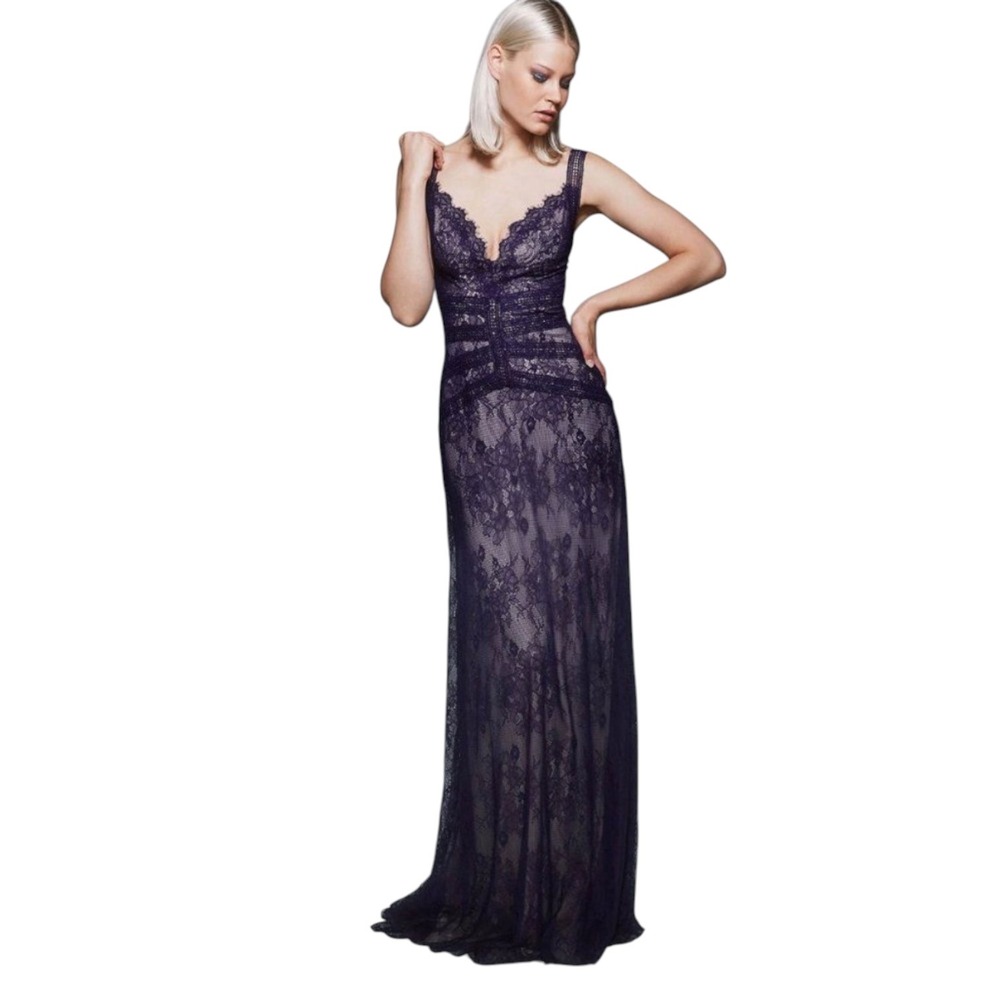 Tadashi Shoji Dutton Grape Purple Floral Lace V-Neck Gown Size 8‎ NWT Maxi Dress - Picture 13 of 13